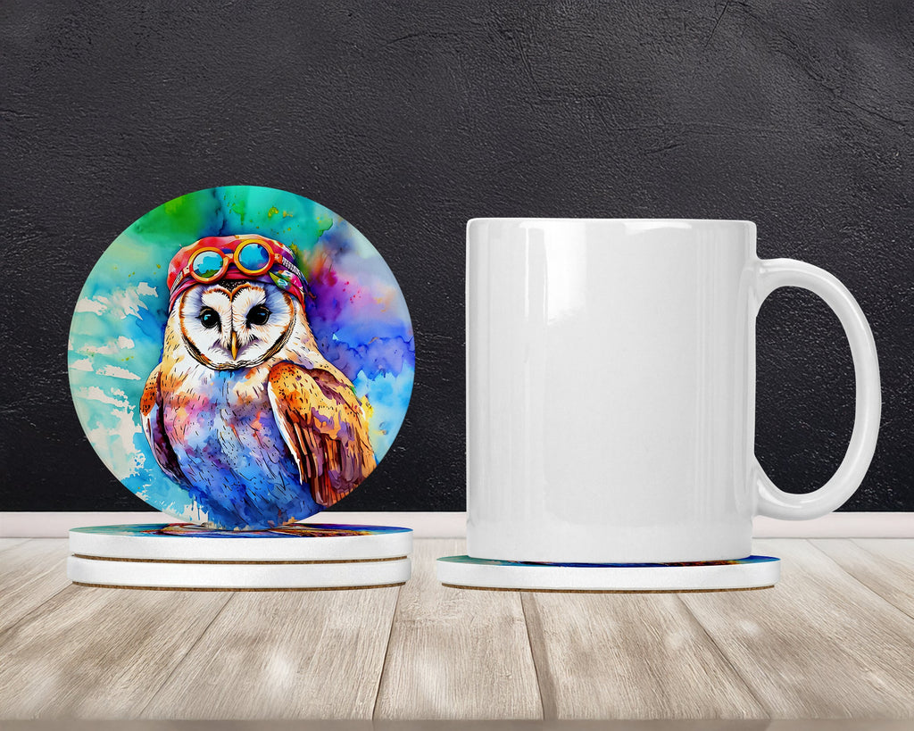 Hippie Animal Barn Owl Large Sandstone Coasters Pack of 4 Absorbent Round Coasters Decor Gifts for Men or Women, 4 in, Multicolor