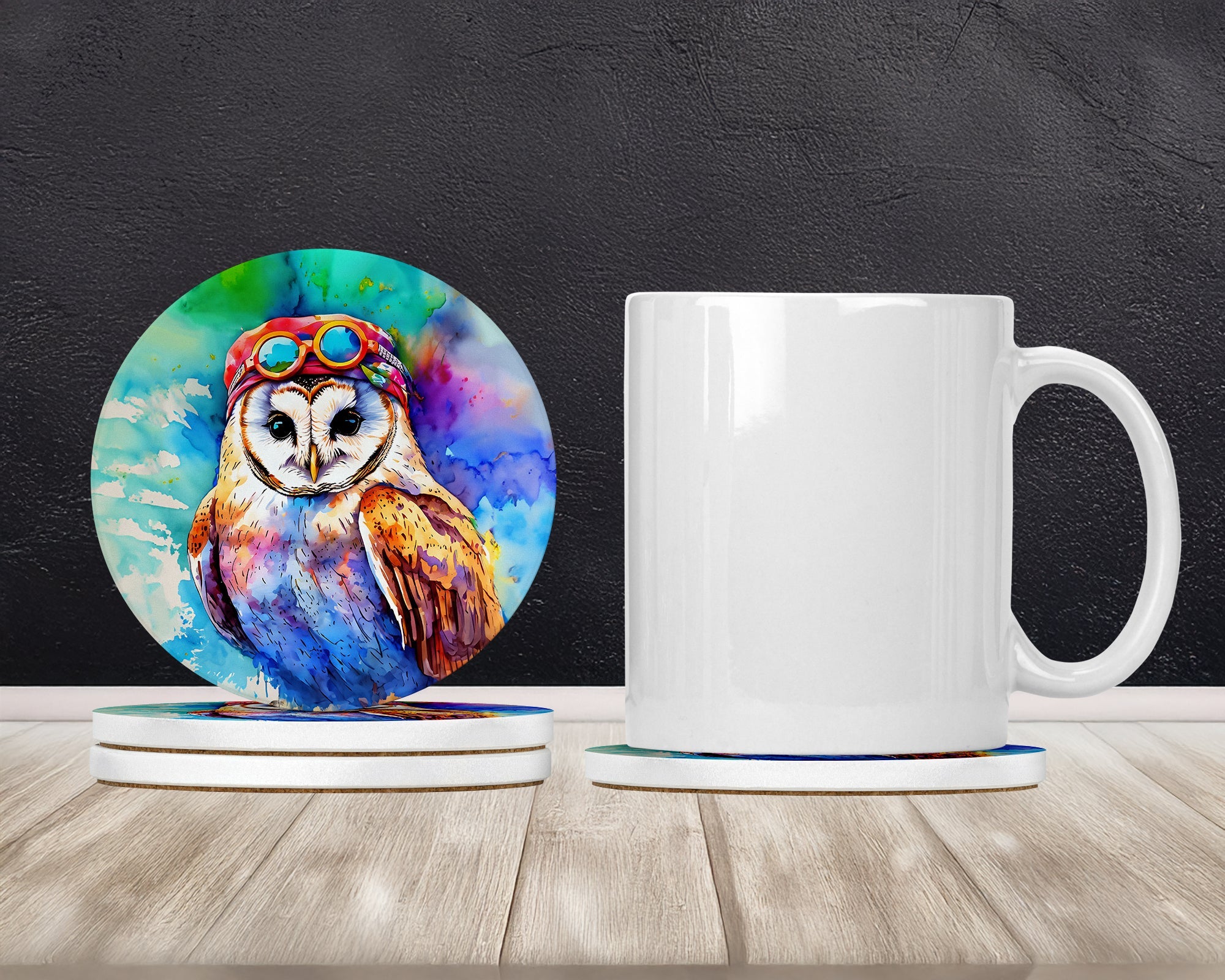 Hippie Animal Barn Owl Large Sandstone Coasters Pack of 4 Absorbent Round Coasters Decor Gifts for Men or Women, 4 in, Multicolor