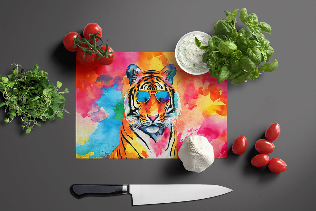 Hippie Animal Bengal Tiger Cutting Board Tempered Glass Kitchen Cutting Surface, Heat Resistant Chopping, Non-Slip Feet, Food Prep & Serving