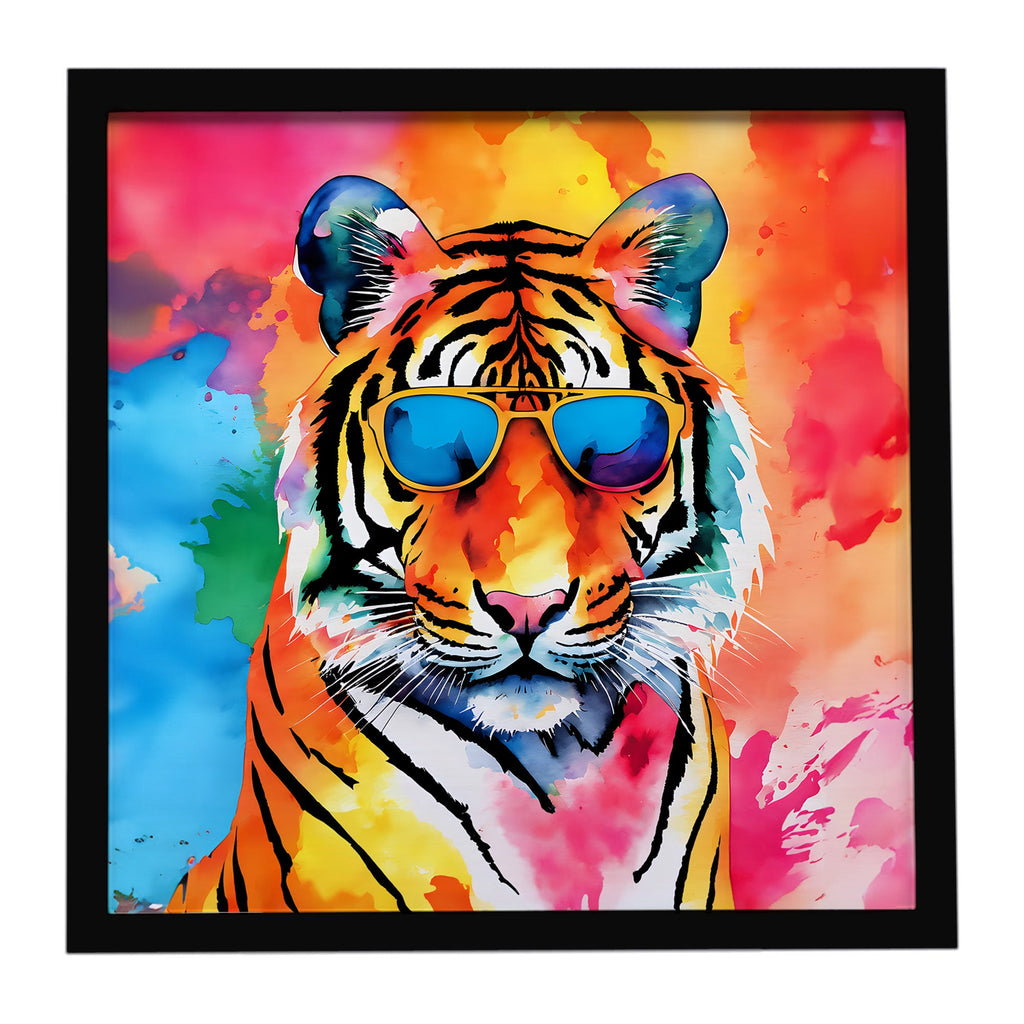 Hippie Animal Bengal Tiger Framed Metal Print Bathroom, Kitchen, Office, Home Decor Wall Art Ready to Hang, Square, 8X8