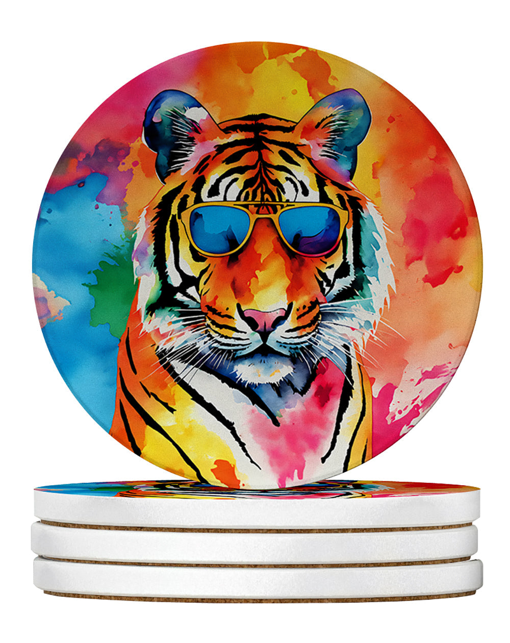 Hippie Animal Bengal Tiger Large Sandstone Coasters Pack of 4 Absorbent Round Coasters Decor Gifts for Men or Women, 4 in, Multicolor