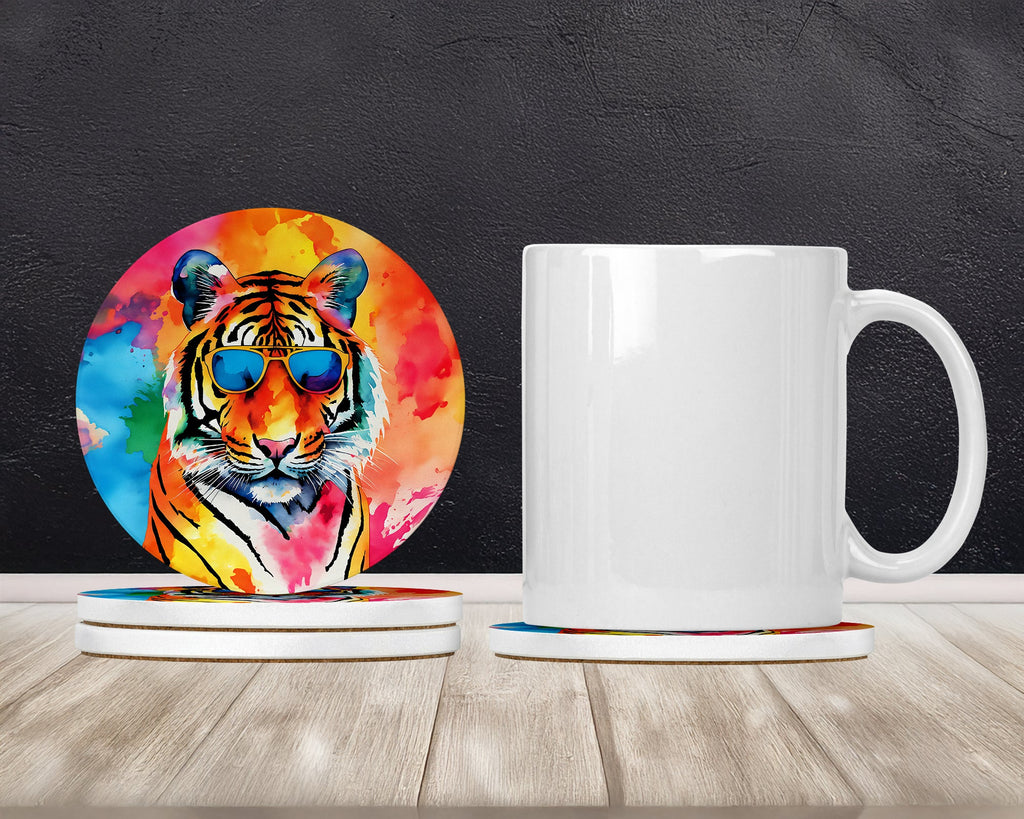Hippie Animal Bengal Tiger Large Sandstone Coasters Pack of 4 Absorbent Round Coasters Decor Gifts for Men or Women, 4 in, Multicolor