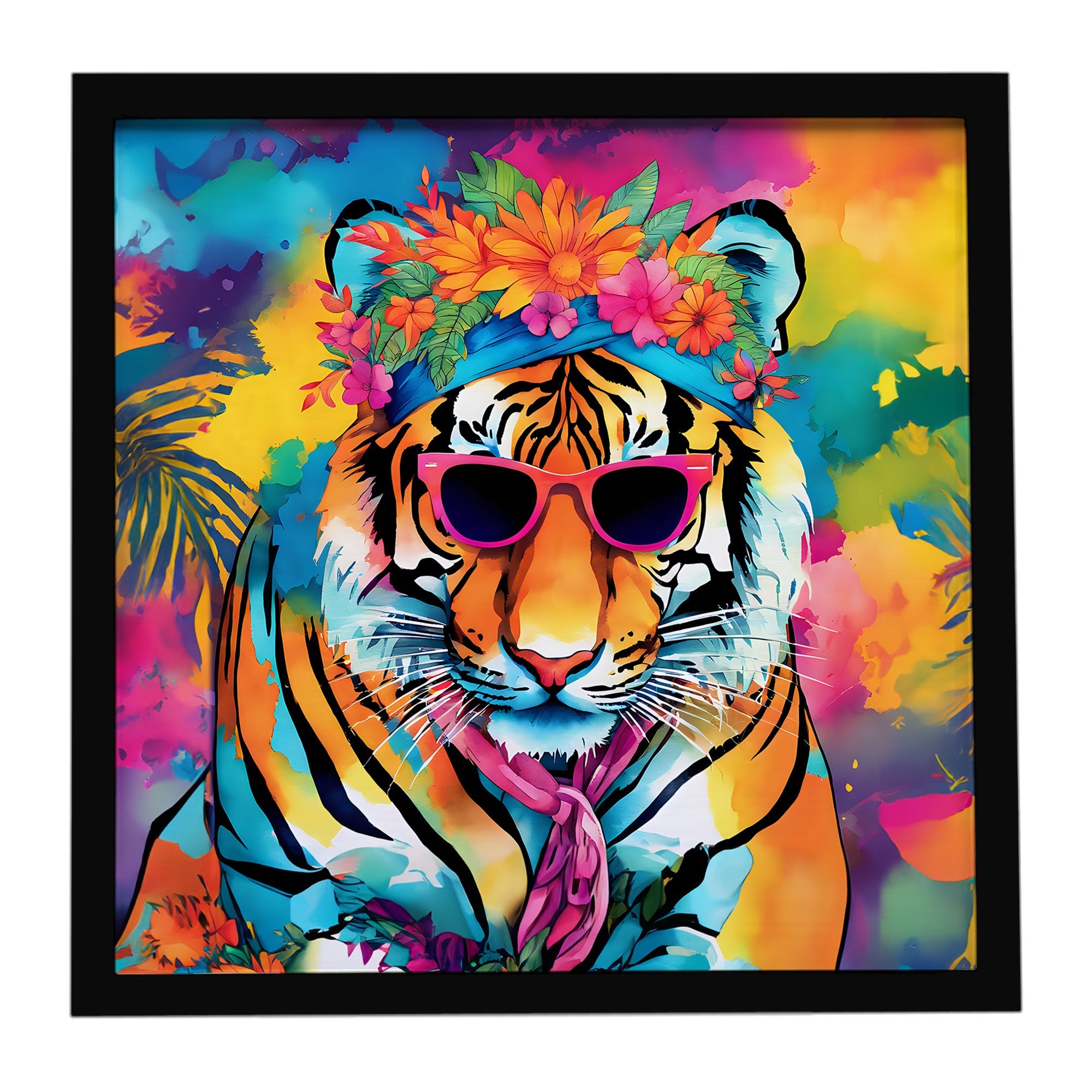 Hippie Animal Bengal Tiger Framed Metal Print Bathroom, Kitchen, Office, Home Decor Wall Art Ready to Hang, Square, 8X8
