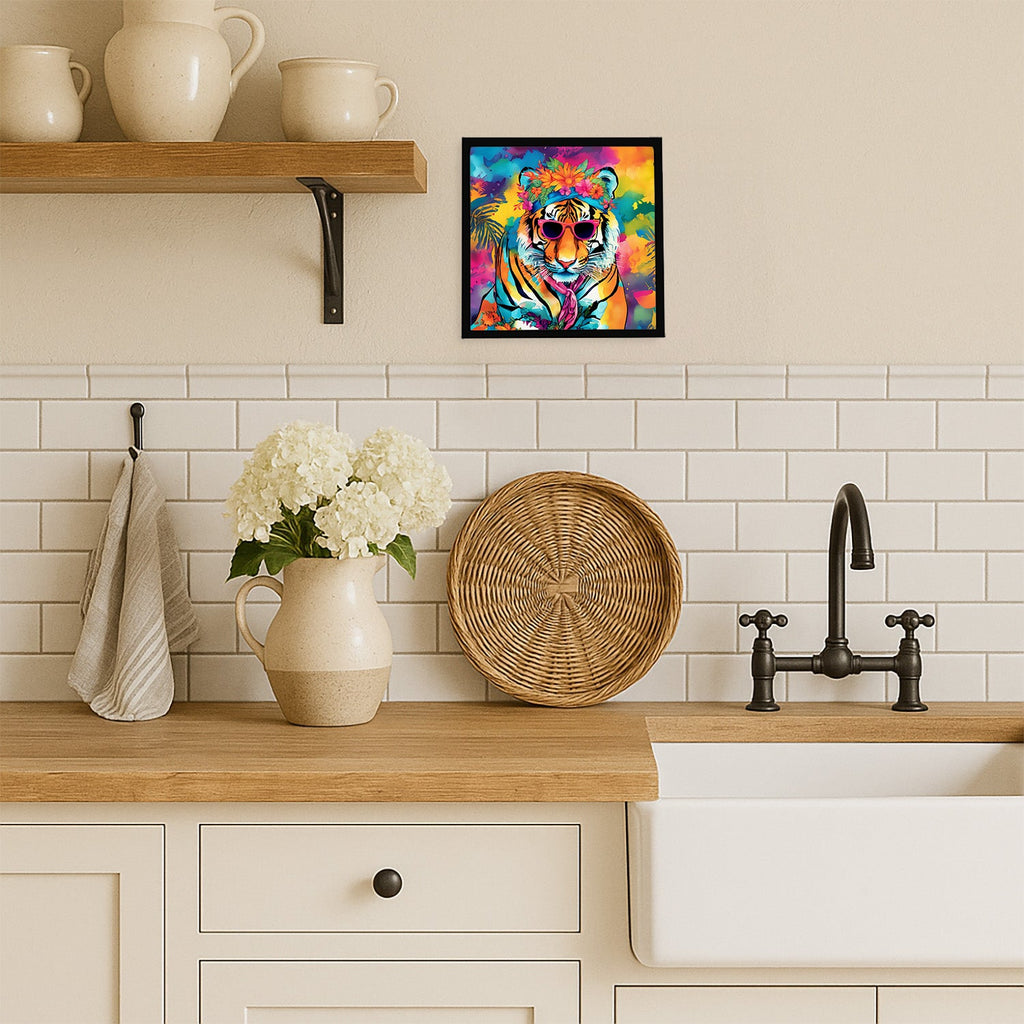 Hippie Animal Bengal Tiger Framed Metal Print Bathroom, Kitchen, Office, Home Decor Wall Art Ready to Hang, Square, 8X8