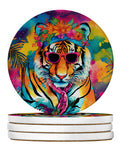 Hippie Animal Bengal Tiger Large Sandstone Coasters Pack of 4 Absorbent Round Coasters Decor Gifts for Men or Women, 4 in, Multicolor