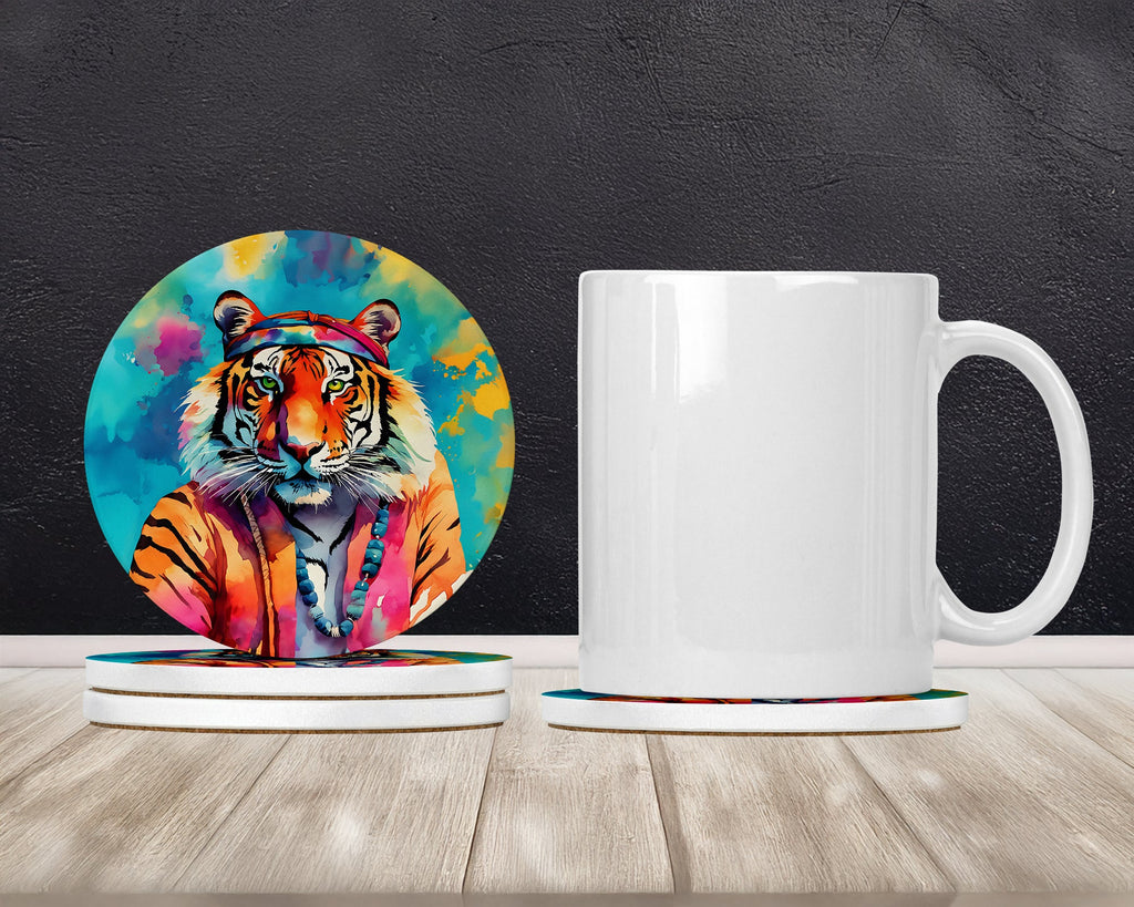 Hippie Animal Bengal Tiger Large Sandstone Coasters Pack of 4 Absorbent Round Coasters Decor Gifts for Men or Women, 4 in, Multicolor