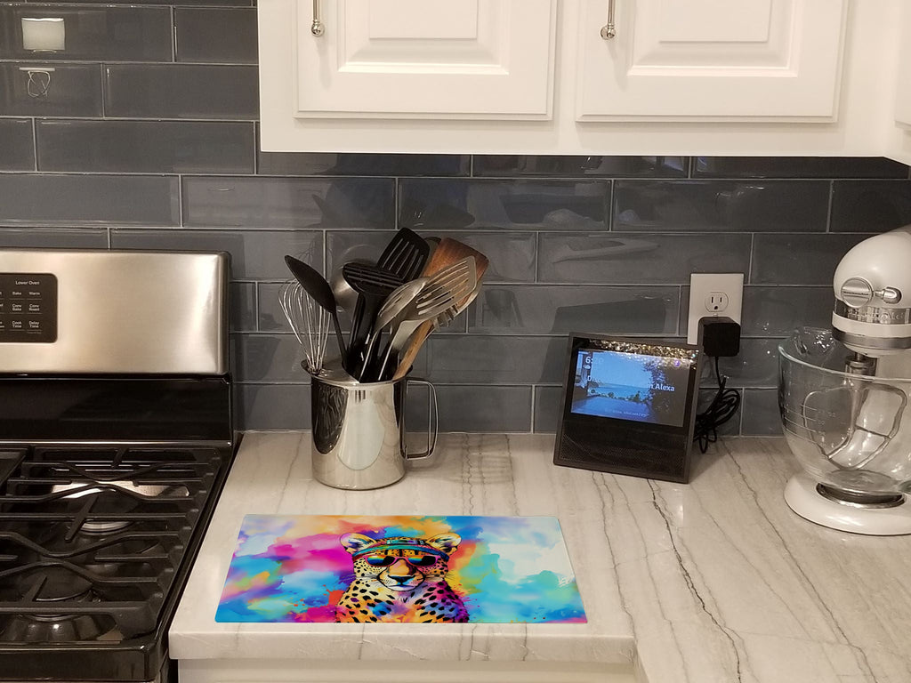 Hippie Animal Cheetah Cutting Board Tempered Glass Kitchen Cutting Surface, Heat Resistant Chopping, Non-Slip Feet, Food Prep & Serving