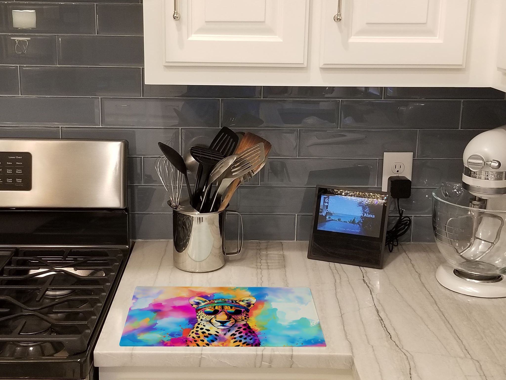 Hippie Animal Cheetah Cutting Board Tempered Glass Kitchen Cutting Surface, Heat Resistant Chopping, Non-Slip Feet, Food Prep & Serving