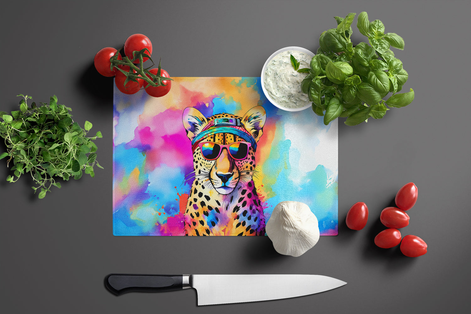 Hippie Animal Cheetah Cutting Board Tempered Glass Kitchen Cutting Surface, Heat Resistant Chopping, Non-Slip Feet, Food Prep & Serving