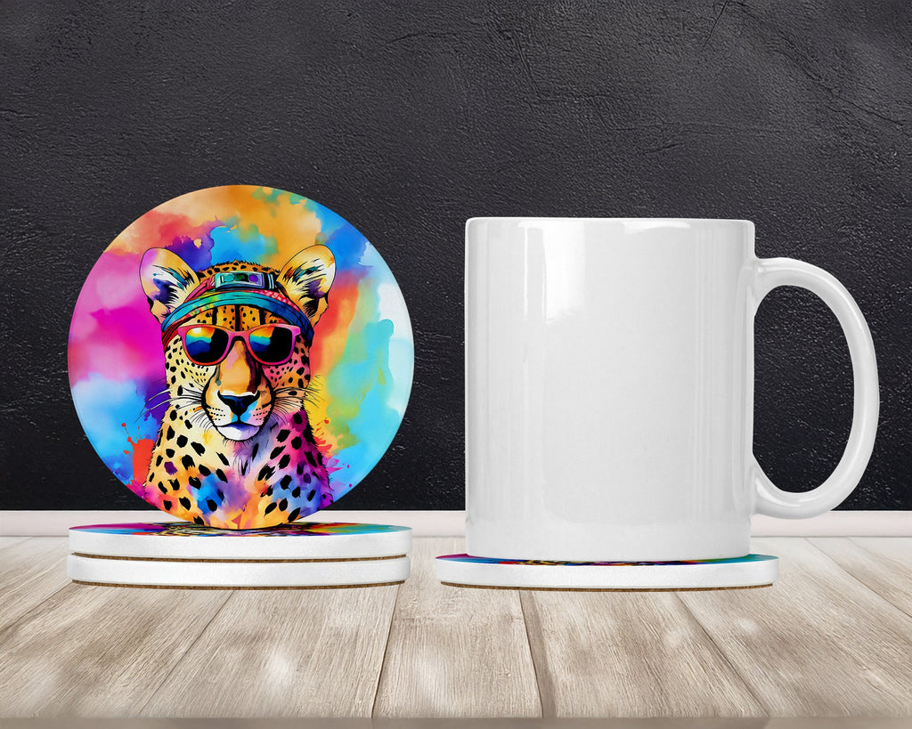 Hippie Animal Cheetah Large Sandstone Coasters Pack of 4 Absorbent Round Coasters Decor Gifts for Men or Women, 4 in, Multicolor