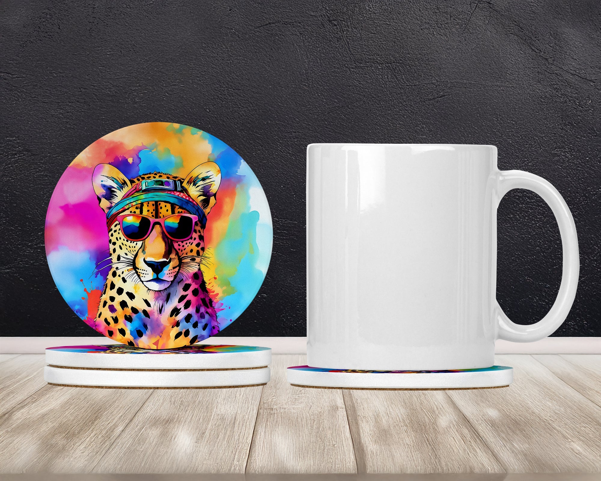 Hippie Animal Cheetah Large Sandstone Coasters Pack of 4 Absorbent Round Coasters Decor Gifts for Men or Women, 4 in, Multicolor