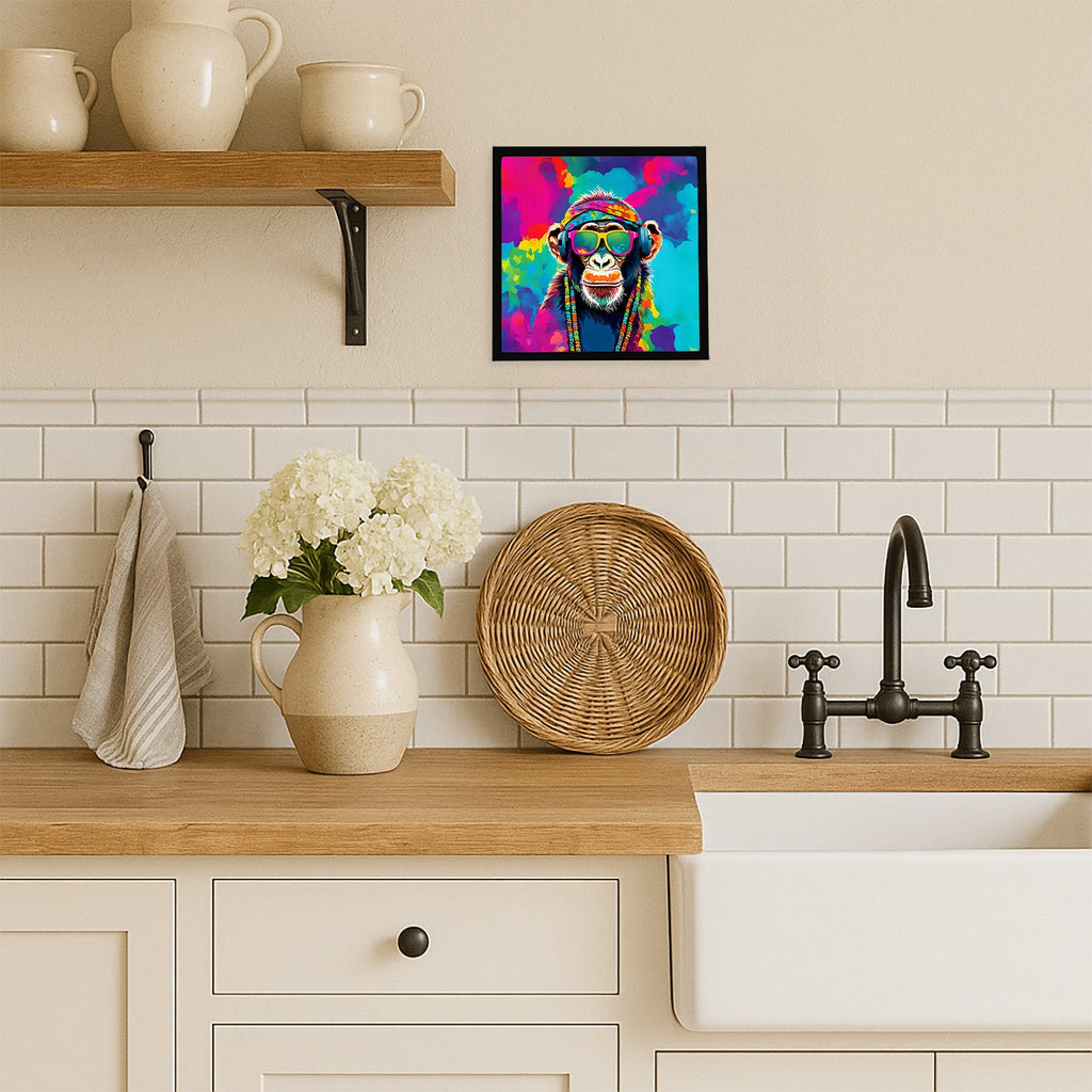 Hippie Animal Chimpanzee Framed Metal Print Bathroom, Kitchen, Office, Home Decor Wall Art Ready to Hang, Square, 8X8