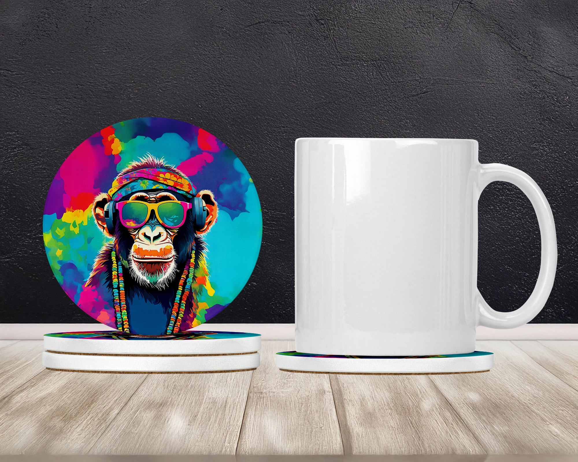 Hippie Animal Chimpanzee Large Sandstone Coasters Pack of 4 Absorbent Round Coasters Decor Gifts for Men or Women, 4 in, Multicolor