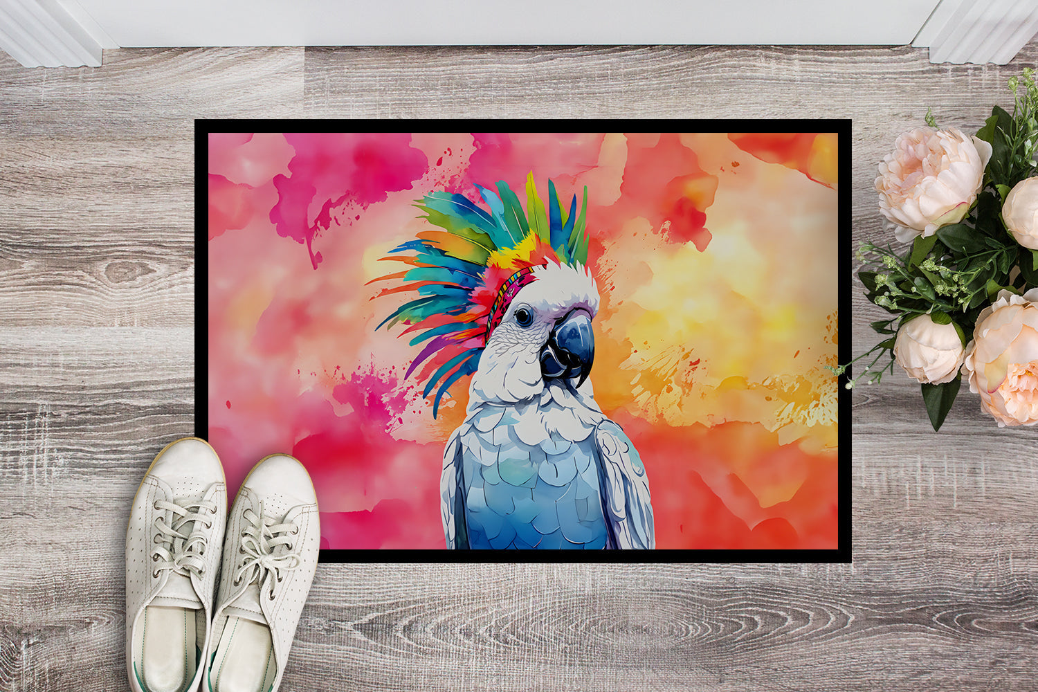 Hippie Animal Cockatoo Doormat Indoor Outdoor 18H X 27W Front Door Mat Rugs for Entryway, Non Slip Washable