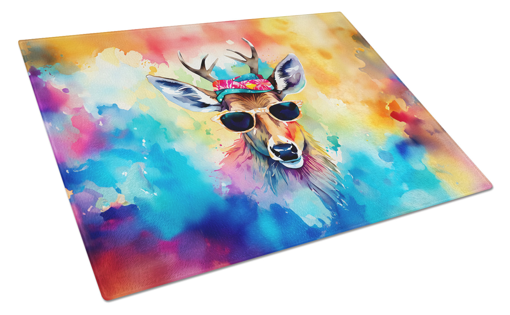 Hippie Animal Deer Cutting Board Tempered Glass Kitchen Cutting Surface, Heat Resistant Chopping, Non-Slip Feet, Food Prep & Serving