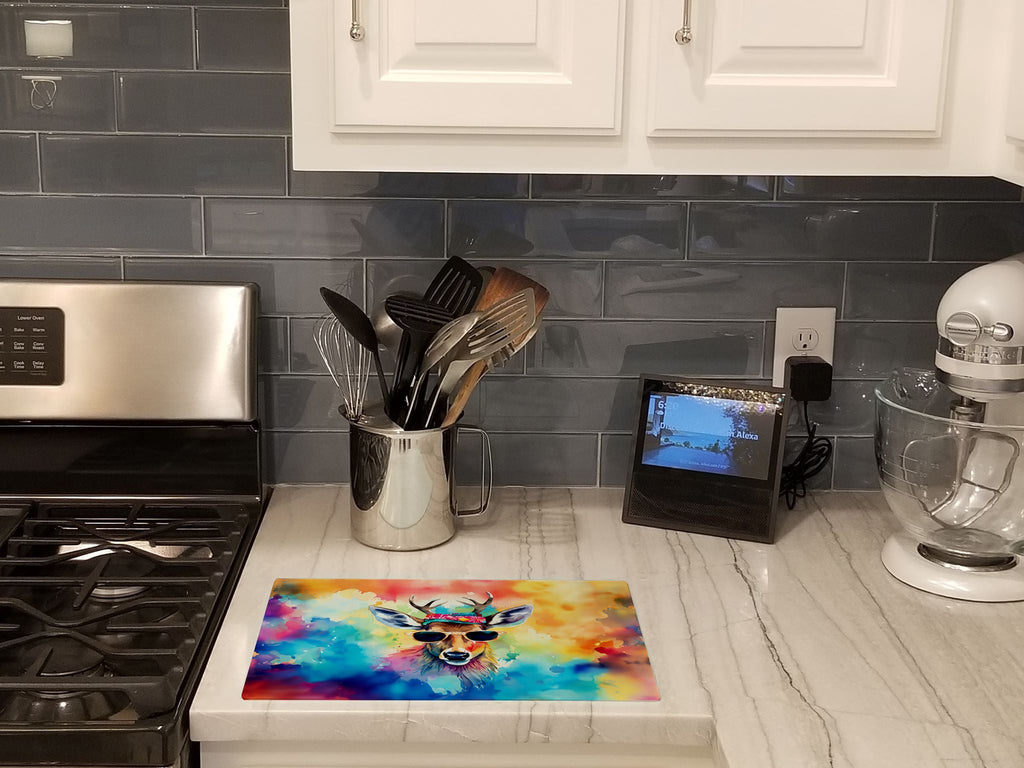 Hippie Animal Deer Cutting Board Tempered Glass Kitchen Cutting Surface, Heat Resistant Chopping, Non-Slip Feet, Food Prep & Serving