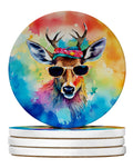 Hippie Animal Deer Large Sandstone Coasters Pack of 4 Absorbent Round Coasters Decor Gifts for Men or Women, 4 in, Multicolor
