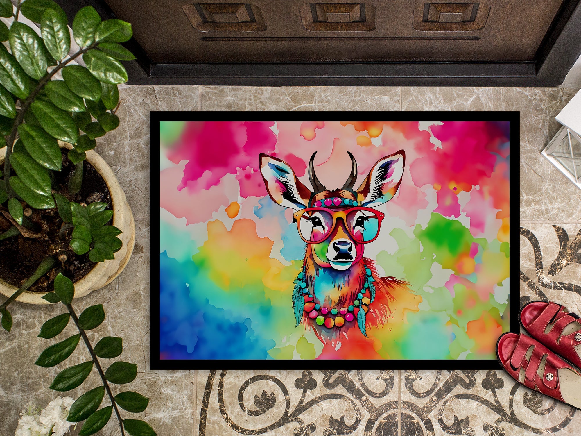 Hippie Animal Deer Doormat Indoor Outdoor 18H X 27W Front Door Mat Rugs for Entryway, Non Slip Washable