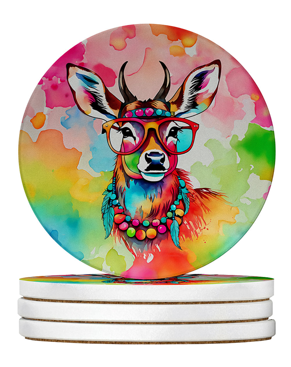 Hippie Animal Deer Large Sandstone Coasters Pack of 4 Absorbent Round Coasters Decor Gifts for Men or Women, 4 in, Multicolor