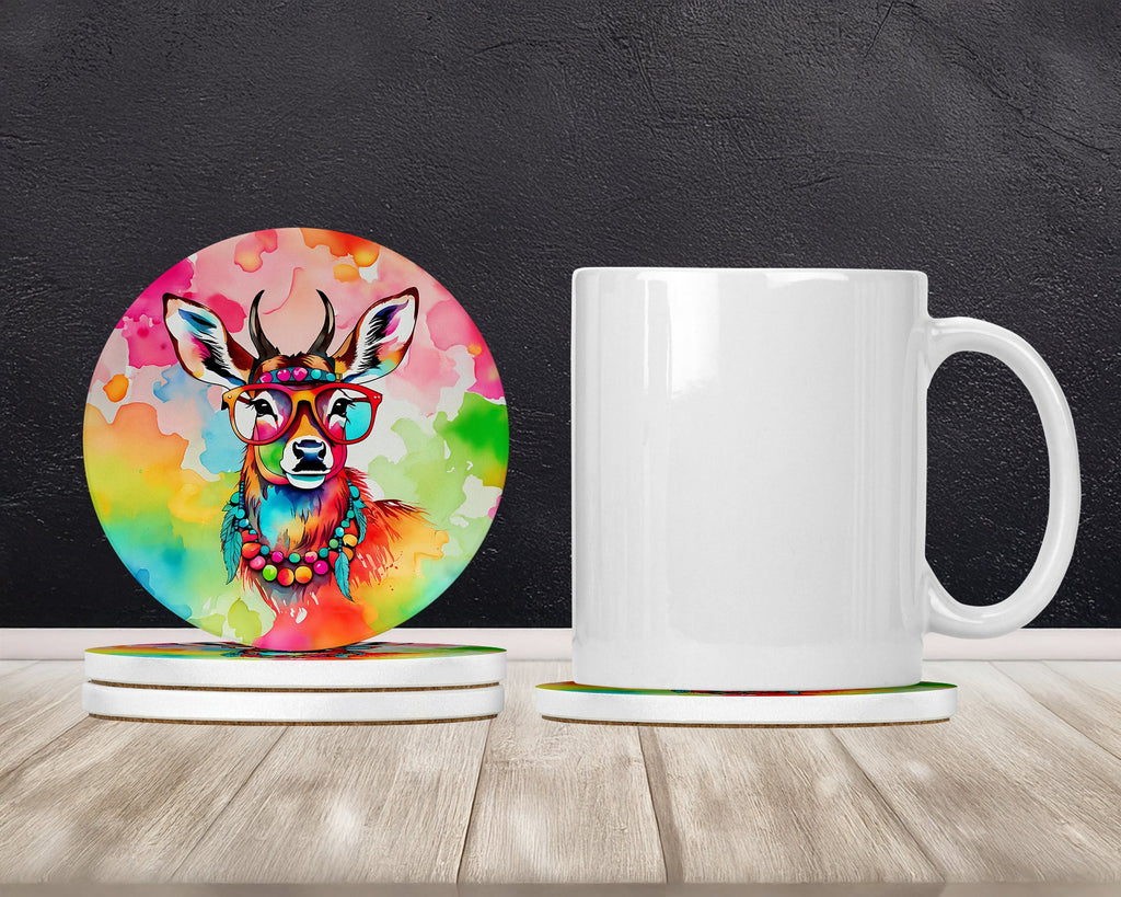 Hippie Animal Deer Large Sandstone Coasters Pack of 4 Absorbent Round Coasters Decor Gifts for Men or Women, 4 in, Multicolor