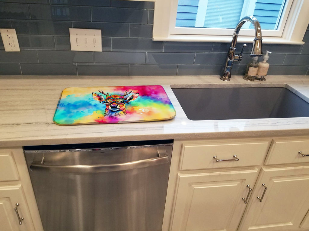 Hippie Animal Deer Dish Drying Mat Absorbent Dish Drying Mat Pad for Kitchen Counter Dish Drainer Mat for Countertop, 14 x 21", Multicolor