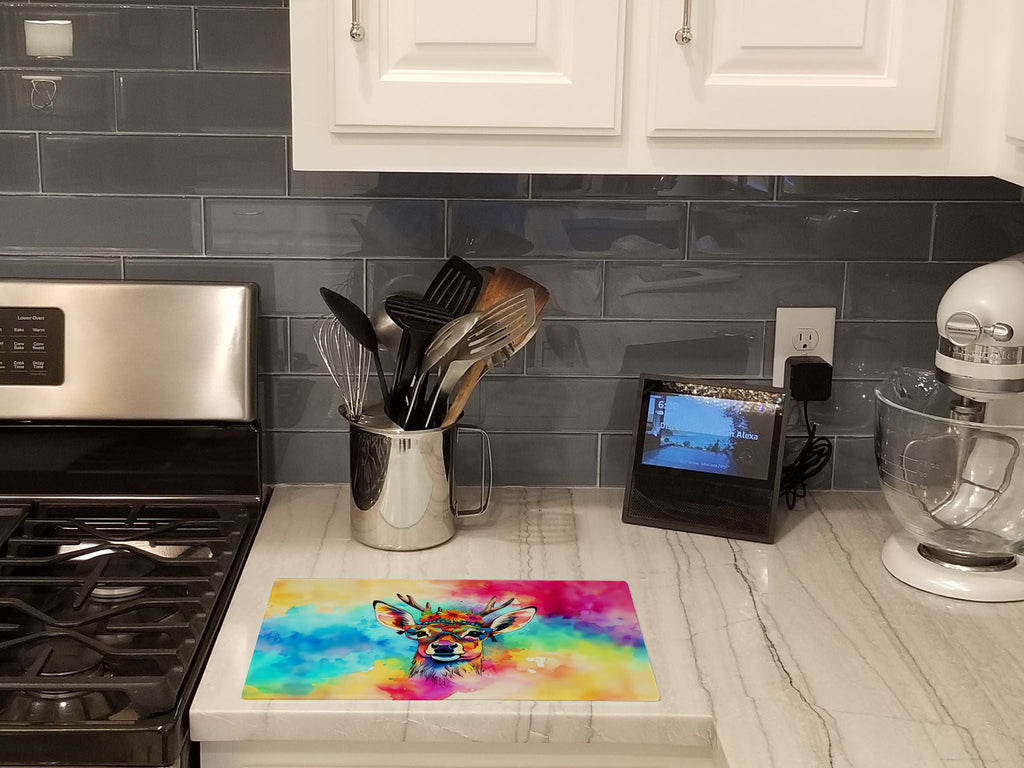 Hippie Animal Deer Cutting Board Tempered Glass Kitchen Cutting Surface, Heat Resistant Chopping, Non-Slip Feet, Food Prep & Serving