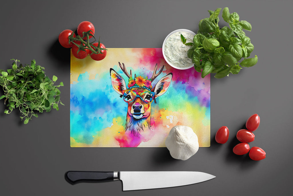 Hippie Animal Deer Cutting Board Tempered Glass Kitchen Cutting Surface, Heat Resistant Chopping, Non-Slip Feet, Food Prep & Serving