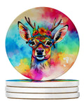 Hippie Animal Deer Large Sandstone Coasters Pack of 4 Absorbent Round Coasters Decor Gifts for Men or Women, 4 in, Multicolor