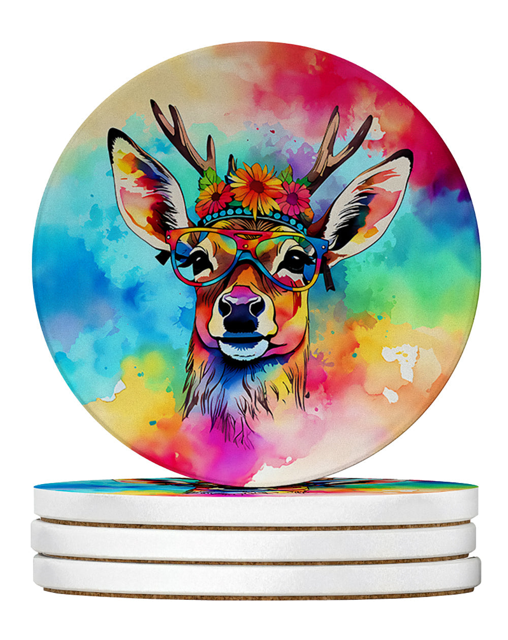 Hippie Animal Deer Large Sandstone Coasters Pack of 4 Absorbent Round Coasters Decor Gifts for Men or Women, 4 in, Multicolor