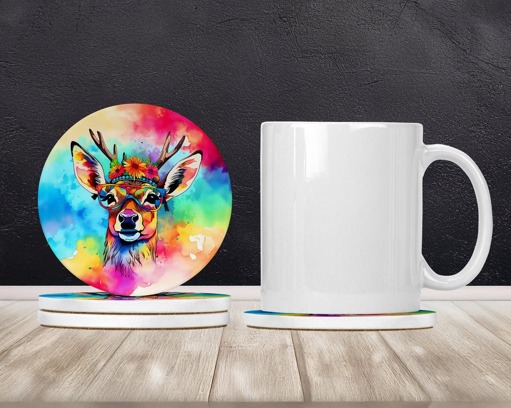Hippie Animal Deer Large Sandstone Coasters Pack of 4 Absorbent Round Coasters Decor Gifts for Men or Women, 4 in, Multicolor