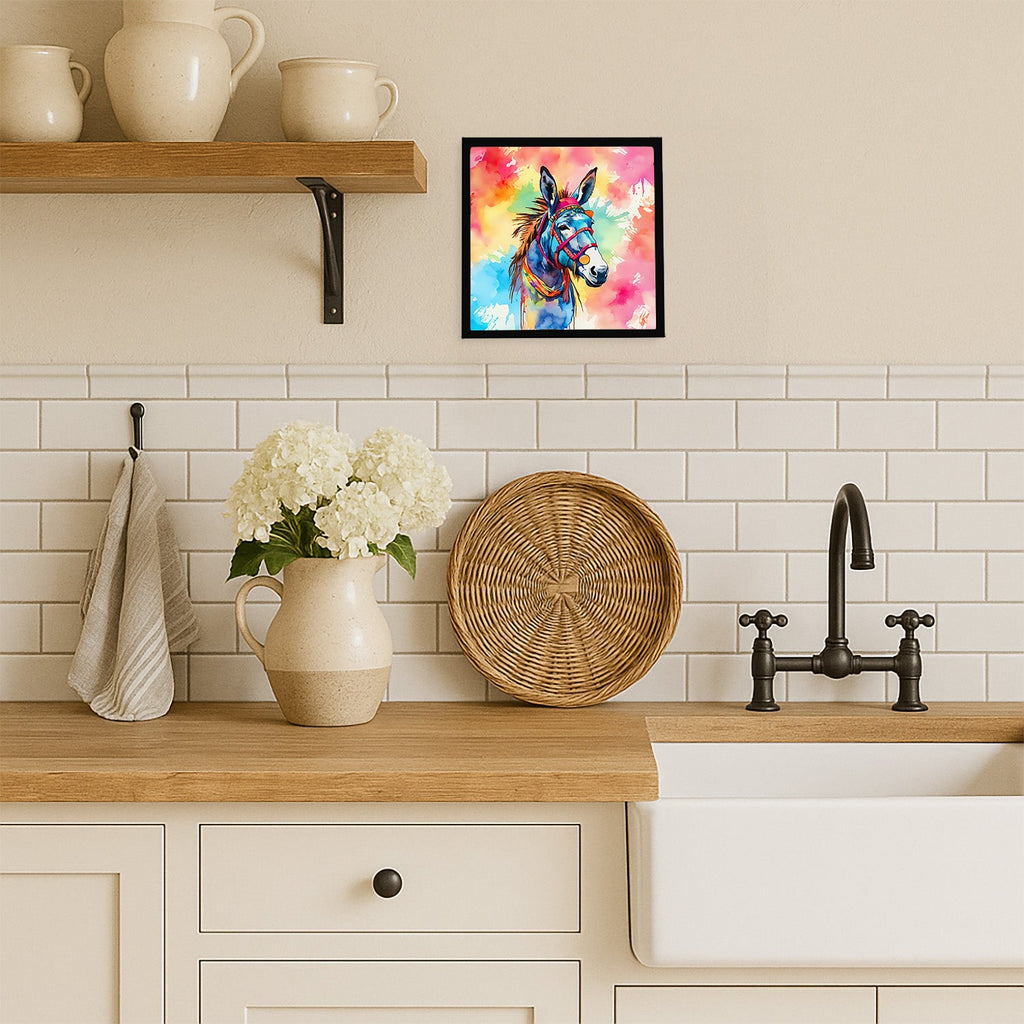 Hippie Animal Donkey Framed Metal Print Bathroom, Kitchen, Office, Home Decor Wall Art Ready to Hang, Square, 8X8
