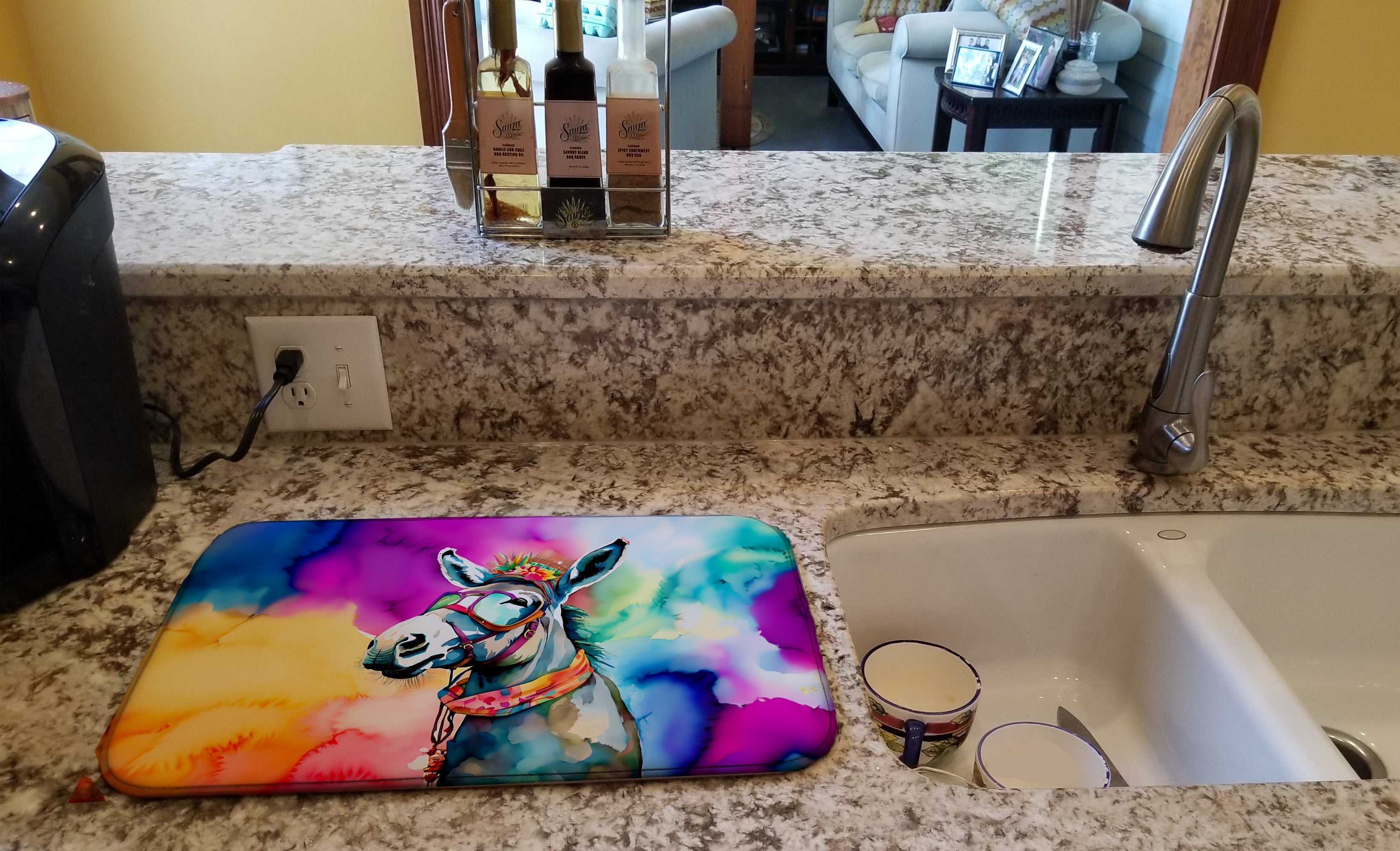 Hippie Animal Donkey Dish Drying Mat Absorbent Dish Drying Mat Pad for Kitchen Counter Dish Drainer Mat for Countertop, 14 x 21", Multicolor