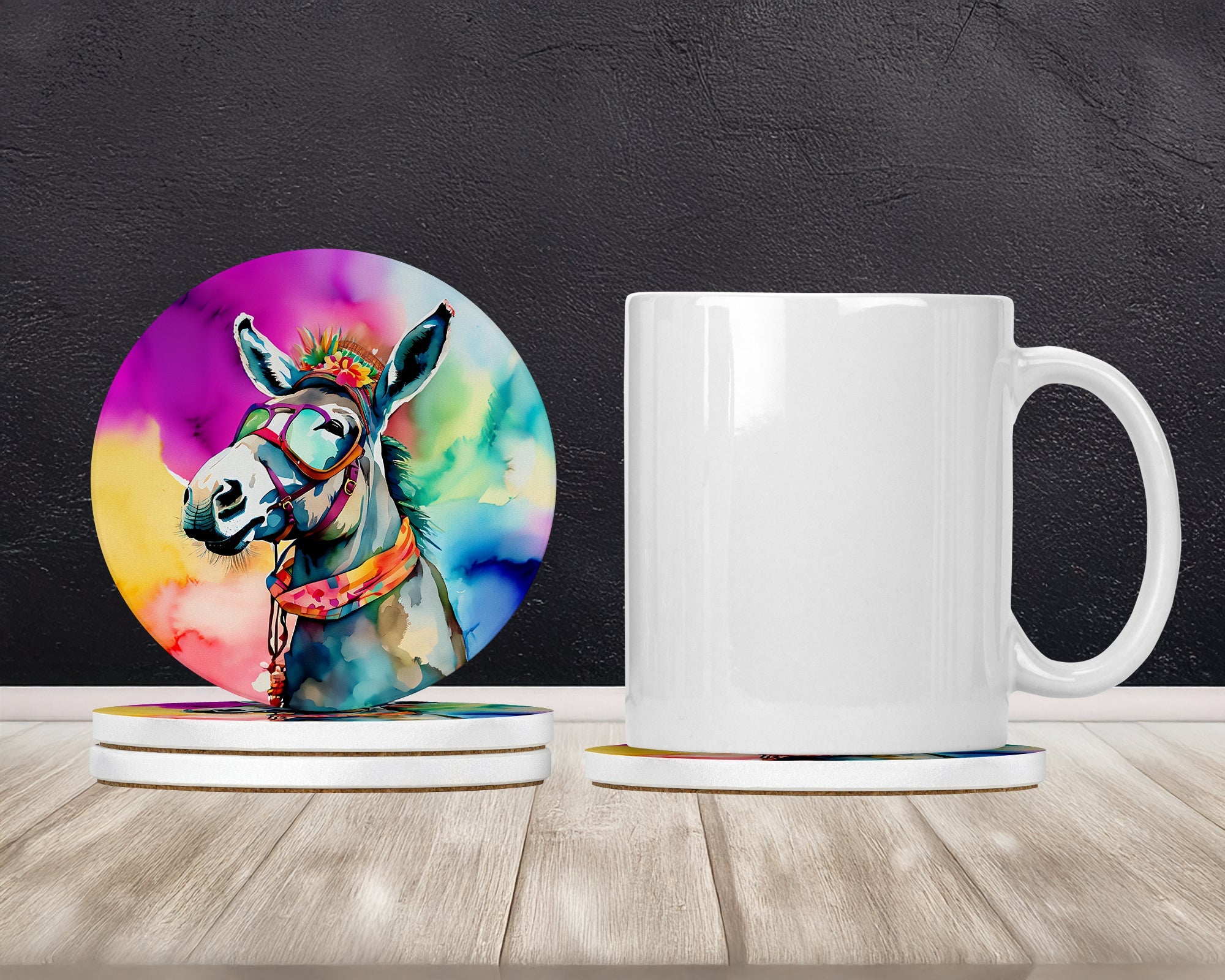 Hippie Animal Donkey Large Sandstone Coasters Pack of 4 Absorbent Round Coasters Decor Gifts for Men or Women, 4 in, Multicolor