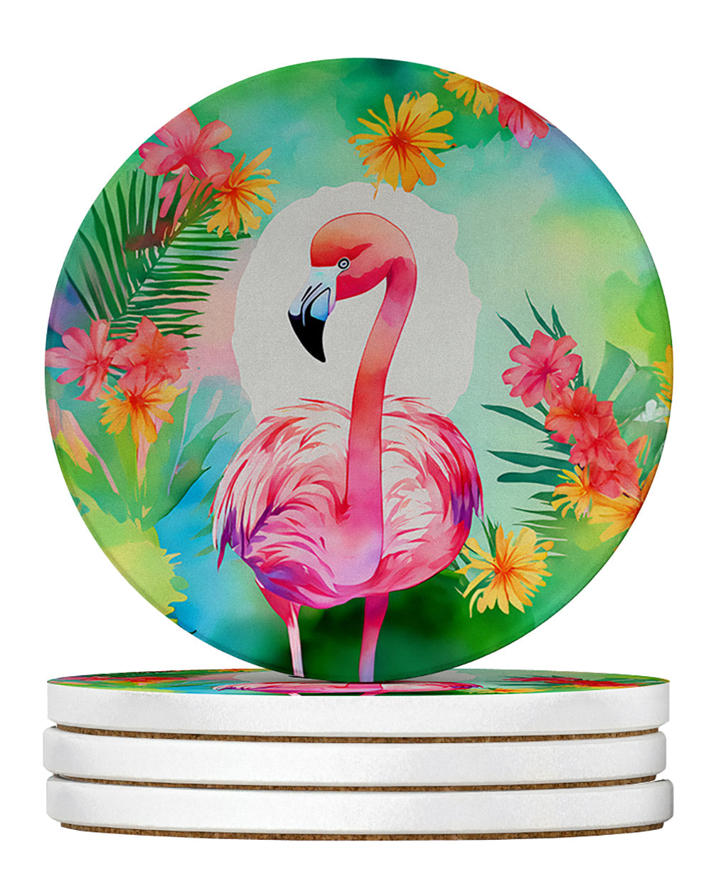 Hippie Animal Flamingo Large Sandstone Coasters Pack of 4 Absorbent Round Coasters Decor Gifts for Men or Women, 4 in, Multicolor