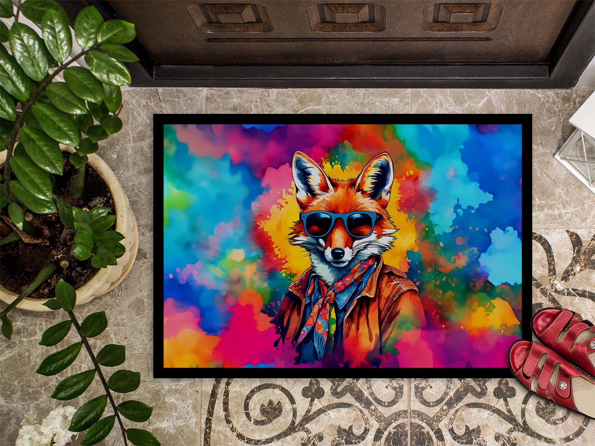 Hippie Animal Fox Doormat Indoor Outdoor 18H X 27W Front Door Mat Rugs for Entryway, Non Slip Washable