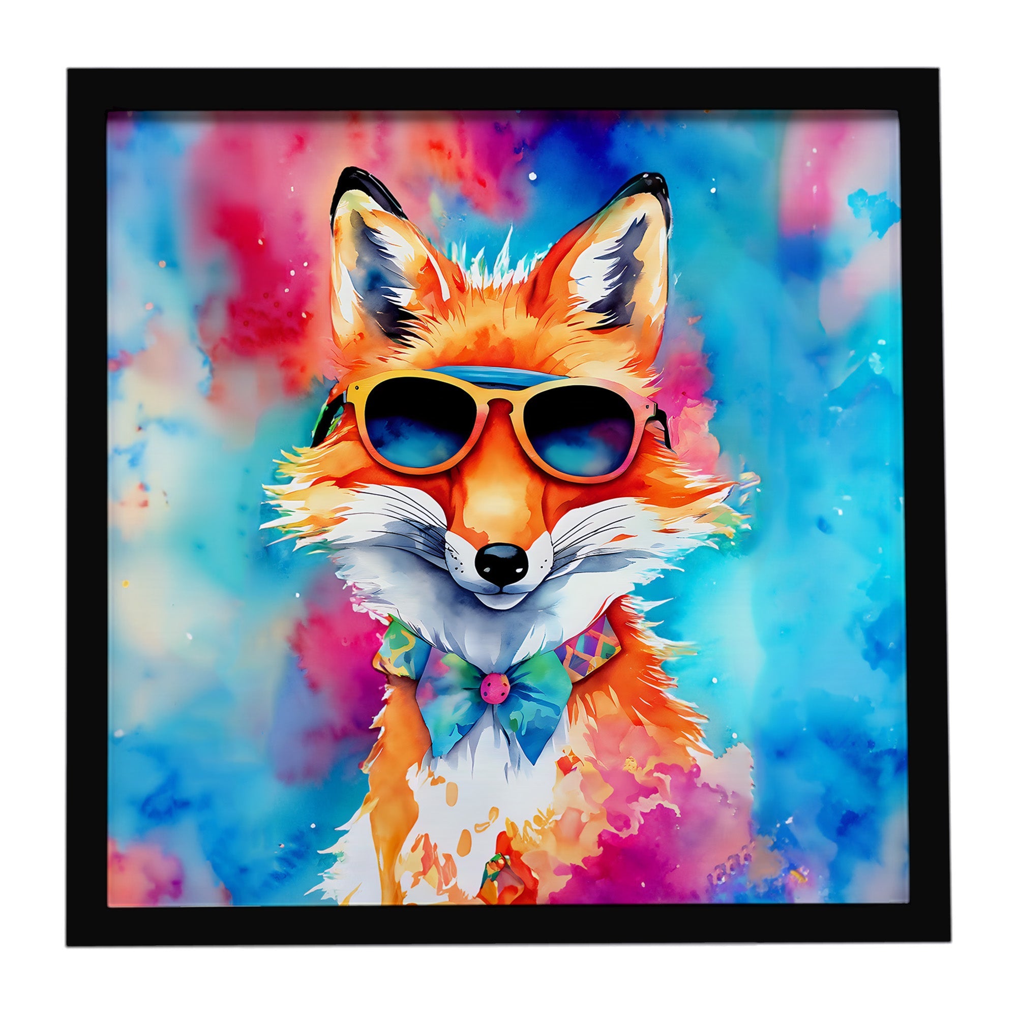 Hippie Animal Fox Framed Metal Print Bathroom, Kitchen, Office, Home Decor Wall Art Ready to Hang, Square, 8X8