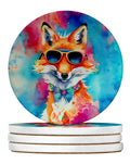 Hippie Animal Fox Large Sandstone Coasters Pack of 4 Absorbent Round Coasters Decor Gifts for Men or Women, 4 in, Multicolor