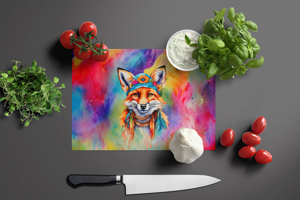 Hippie Animal Fox Cutting Board Tempered Glass Kitchen Cutting Surface, Heat Resistant Chopping, Non-Slip Feet, Food Prep & Serving