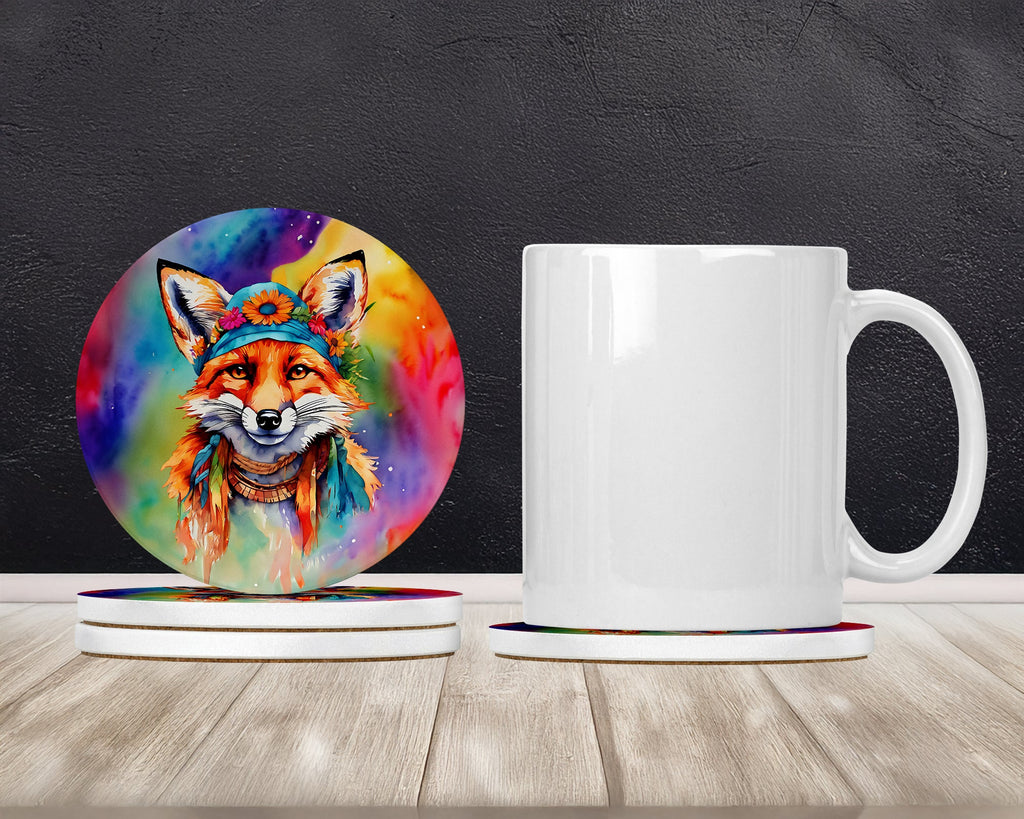 Hippie Animal Fox Large Sandstone Coasters Pack of 4 Absorbent Round Coasters Decor Gifts for Men or Women, 4 in, Multicolor