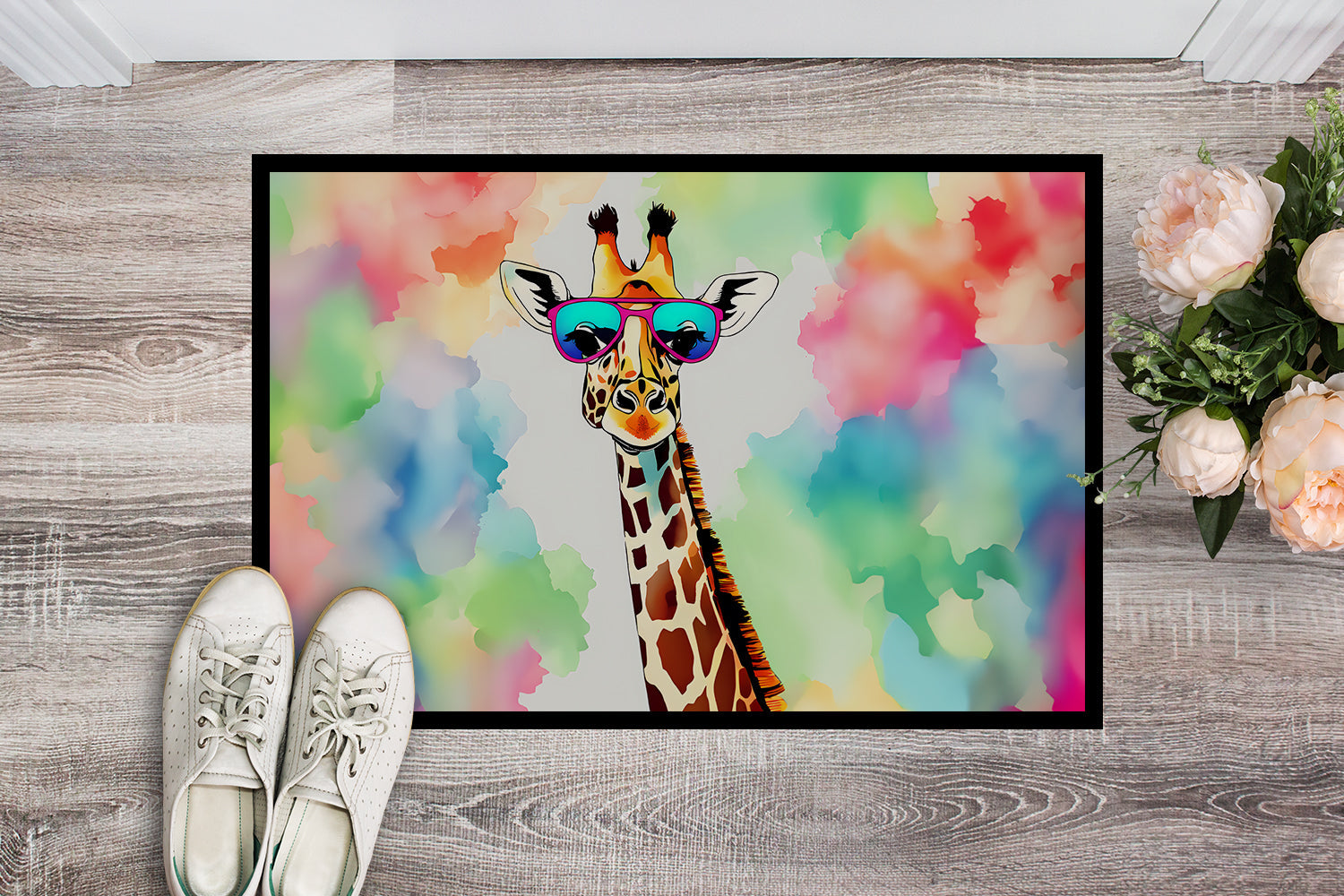 Hippie Animal Giraffe Doormat Indoor Outdoor 18H X 27W Front Door Mat Rugs for Entryway, Non Slip Washable