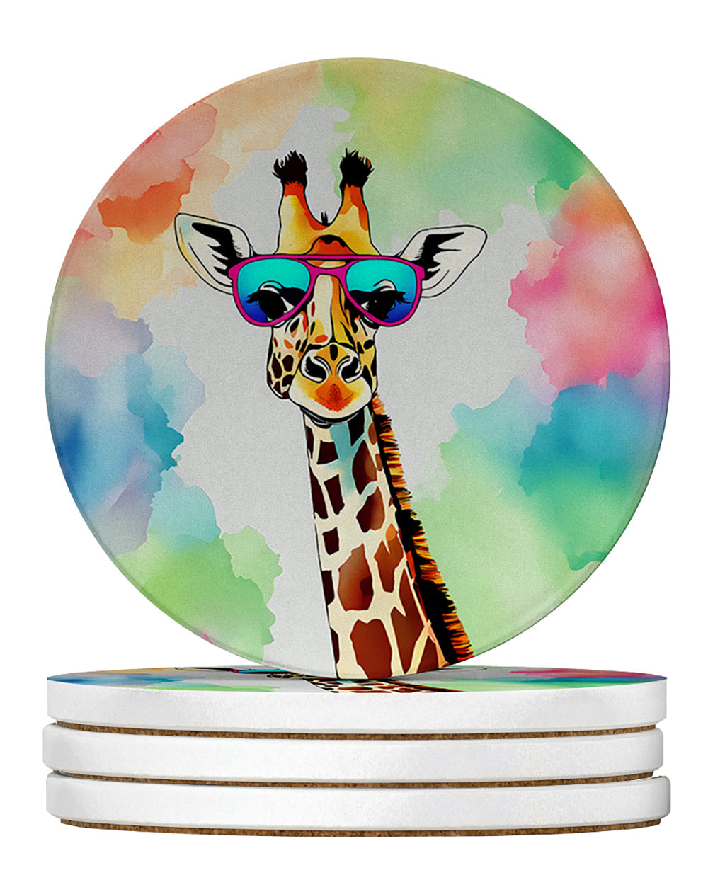 Hippie Animal Giraffe Large Sandstone Coasters Pack of 4 Absorbent Round Coasters Decor Gifts for Men or Women, 4 in, Multicolor