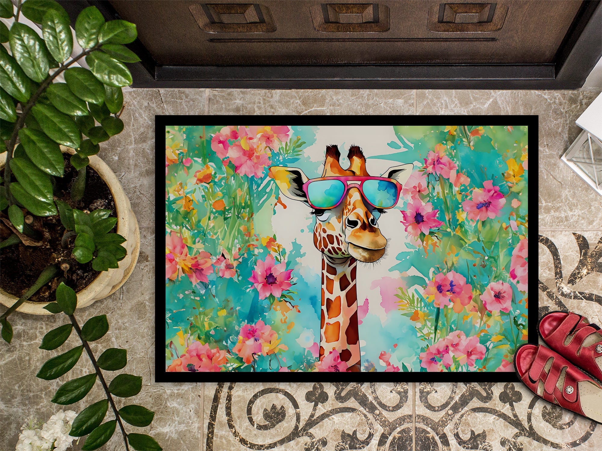 Hippie Animal Giraffe Doormat Indoor Outdoor 24H X 36W Front Door Mat Rugs for Entryway, Non Slip Washable Low Pile,