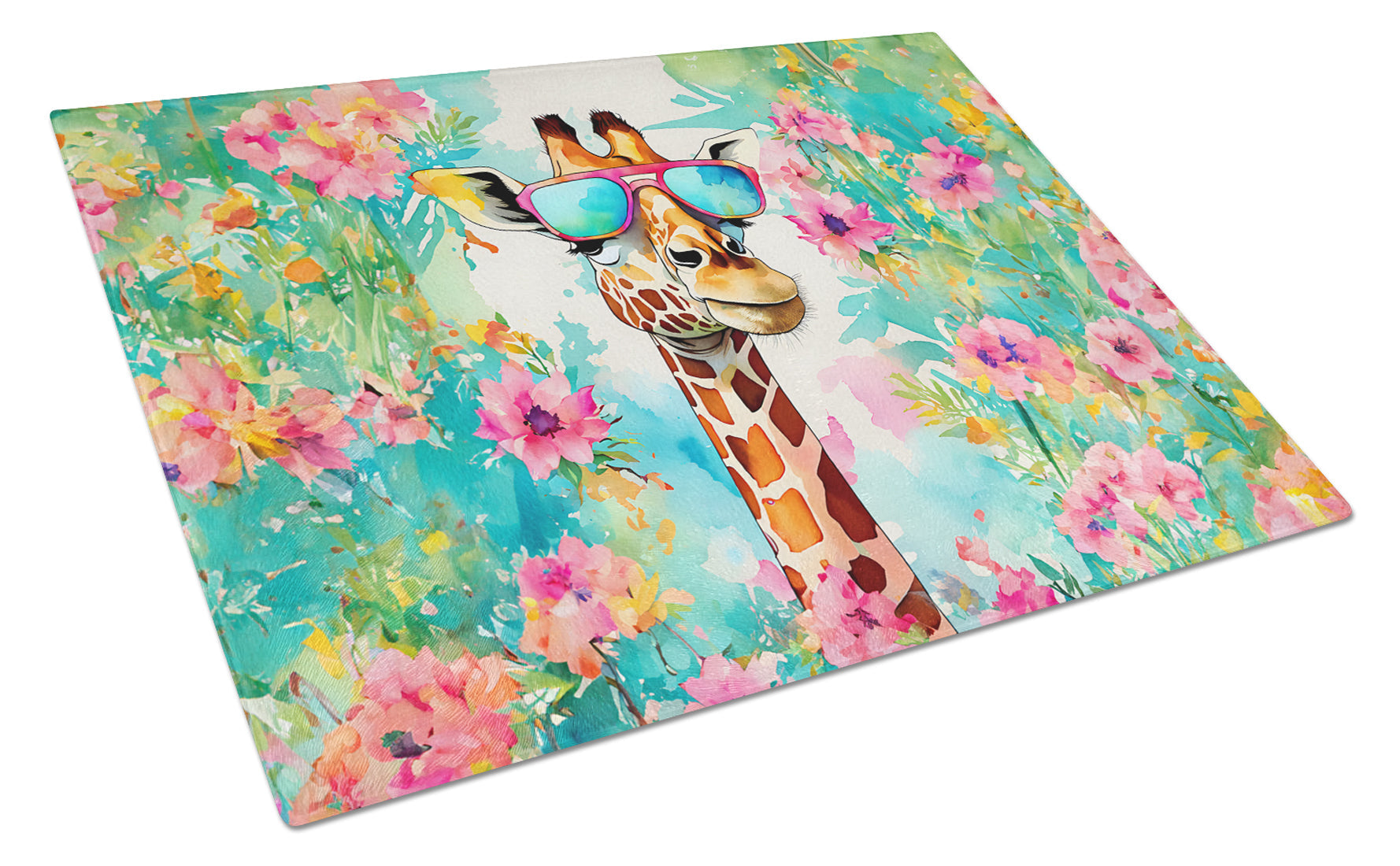 Hippie Animal Giraffe Cutting Board Tempered Glass Kitchen Cutting Surface, Heat Resistant Chopping, Non-Slip Feet, Food Prep & Serving
