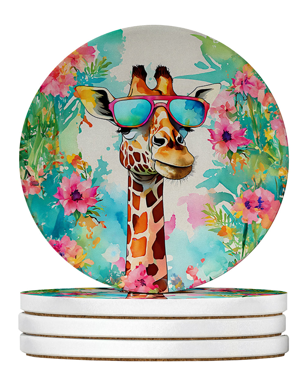 Hippie Animal Giraffe Large Sandstone Coasters Pack of 4 Absorbent Round Coasters Decor Gifts for Men or Women, 4 in, Multicolor