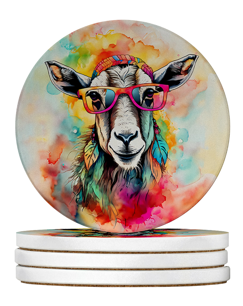 Hippie Animal Goat Large Sandstone Coasters Pack of 4 Absorbent Round Coasters Decor Gifts for Men or Women, 4 in, Multicolor