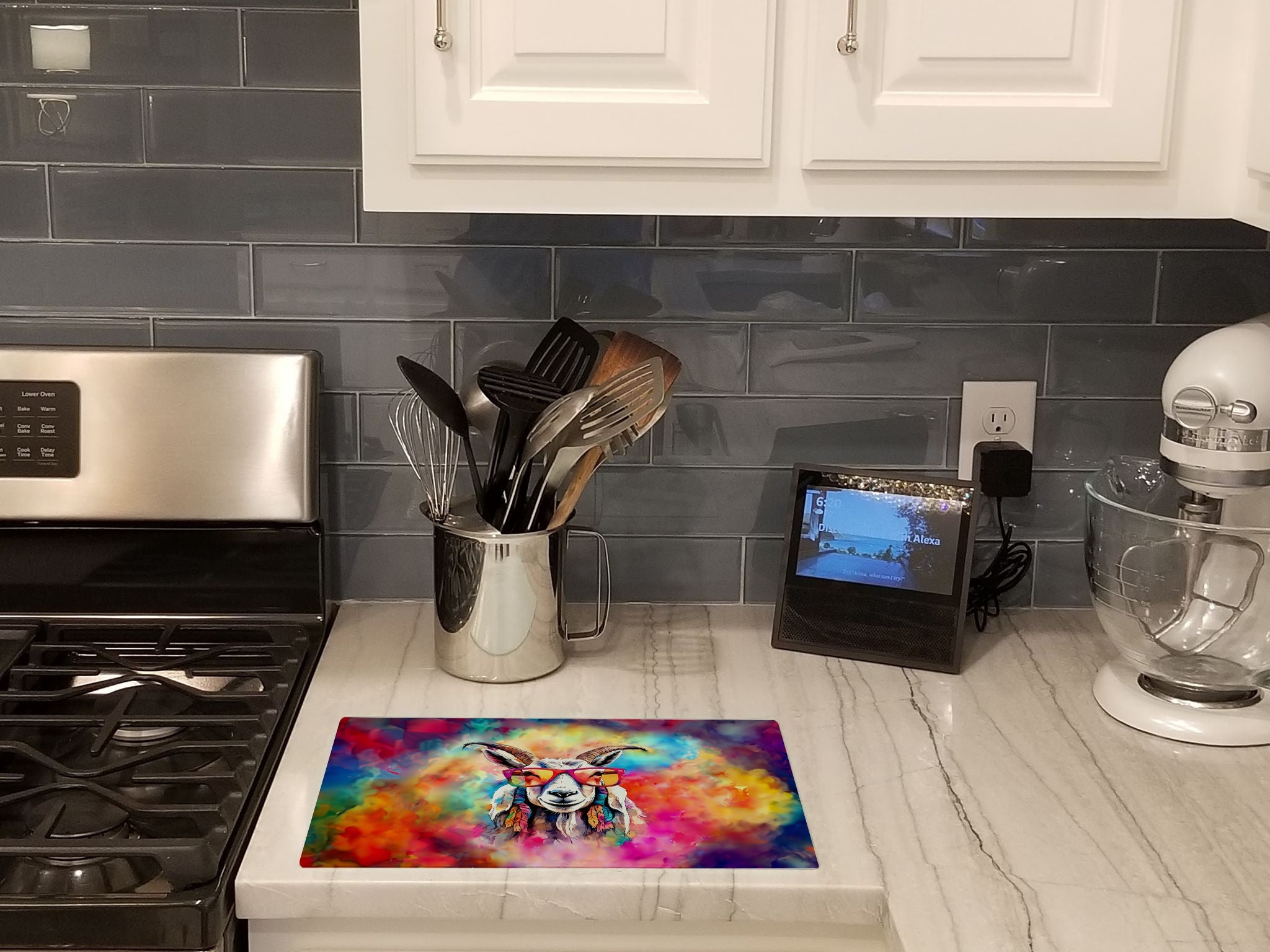 Hippie Animal Goat Cutting Board Tempered Glass Kitchen Cutting Surface, Heat Resistant Chopping, Non-Slip Feet, Food Prep & Serving
