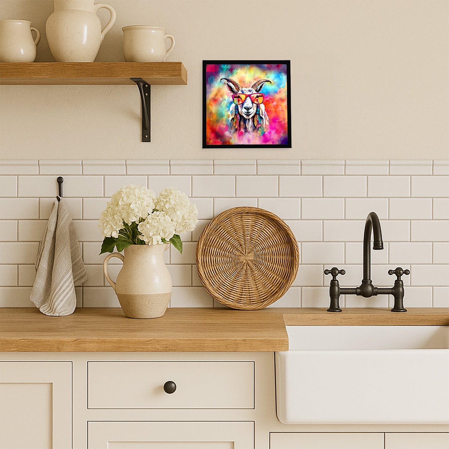 Hippie Animal Goat Framed Metal Print Bathroom, Kitchen, Office, Home Decor Wall Art Ready to Hang, Square, 8X8
