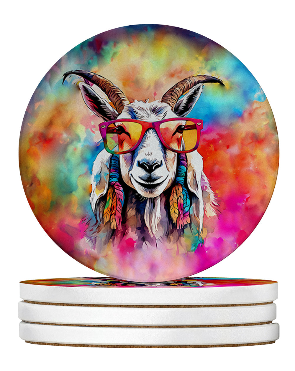 Hippie Animal Goat Large Sandstone Coasters Pack of 4 Absorbent Round Coasters Decor Gifts for Men or Women, 4 in, Multicolor