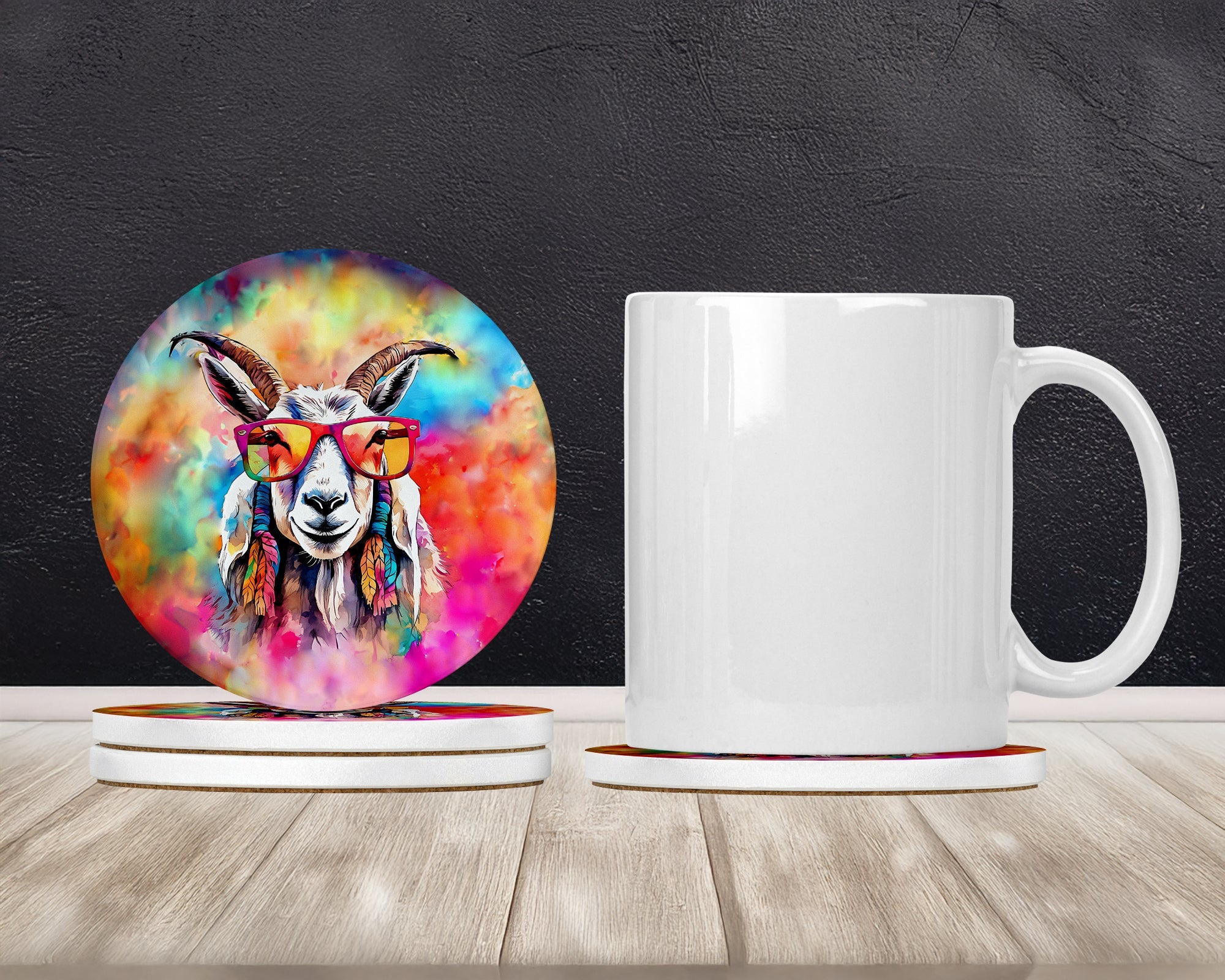 Hippie Animal Goat Large Sandstone Coasters Pack of 4 Absorbent Round Coasters Decor Gifts for Men or Women, 4 in, Multicolor