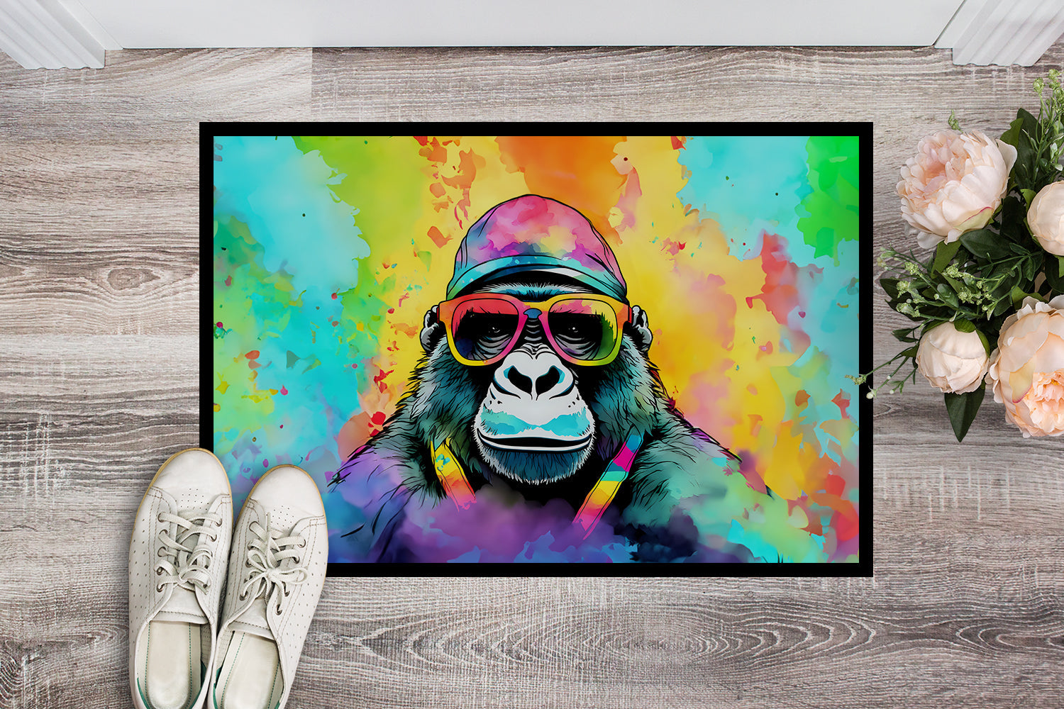 Hippie Animal Gorilla Doormat Indoor Outdoor 18H X 27W Front Door Mat Rugs for Entryway, Non Slip Washable